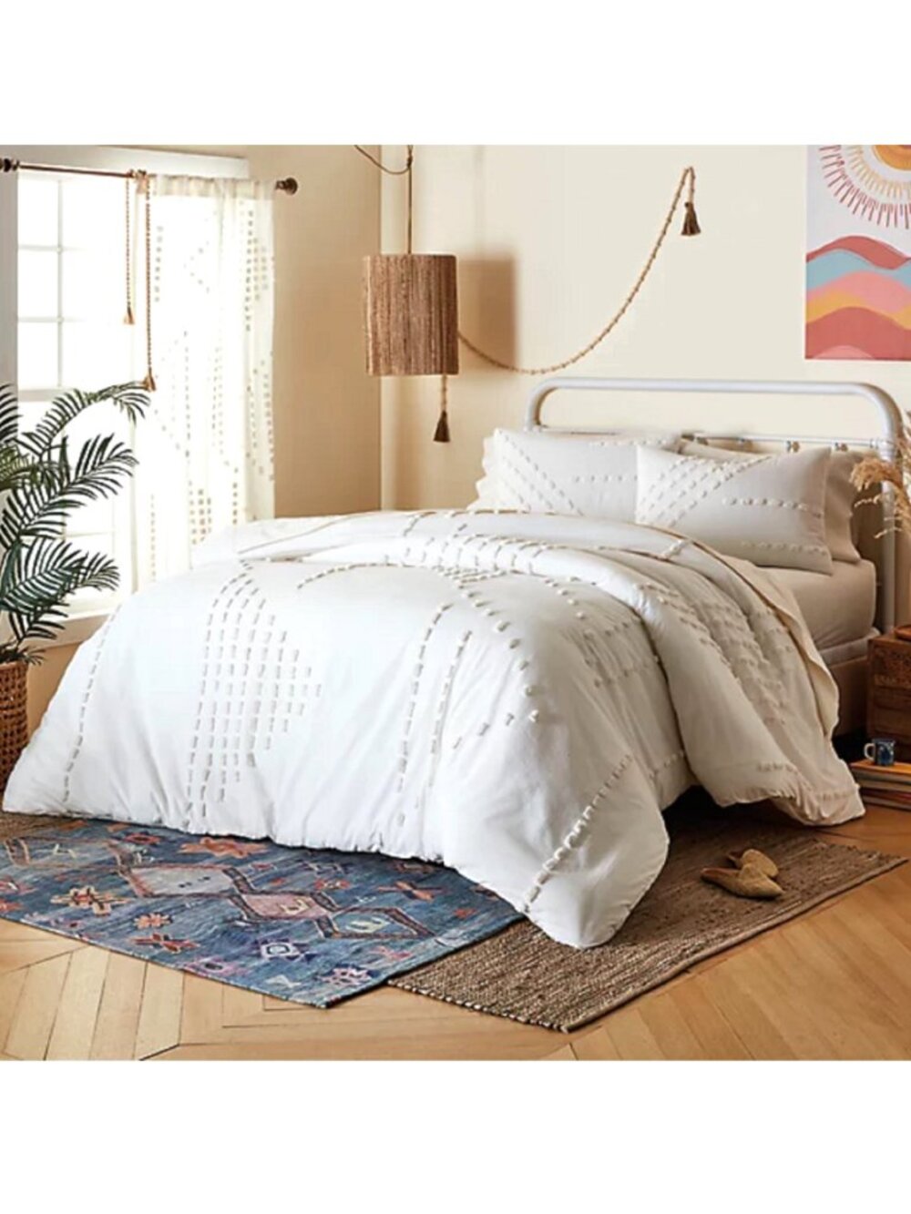 new 3-pc WHITE Wild Sage Michaela Tufted Triangles FULL / QUEEN Duvet Cover Set